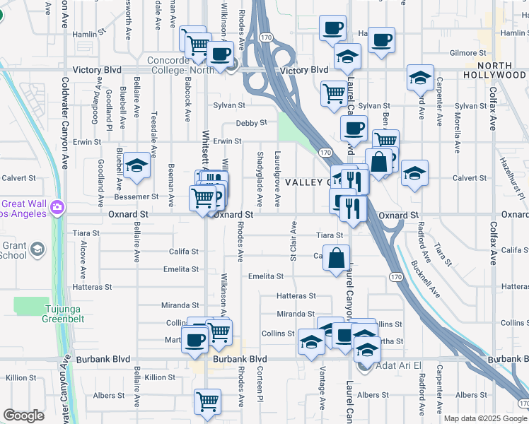 map of restaurants, bars, coffee shops, grocery stores, and more near 12302 Oxnard Street in Los Angeles