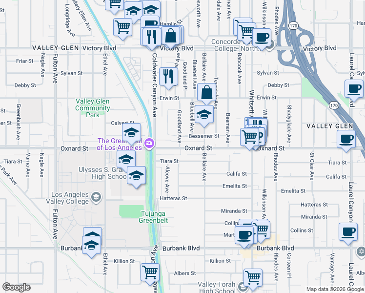 map of restaurants, bars, coffee shops, grocery stores, and more near 12758 Oxnard Street in Los Angeles