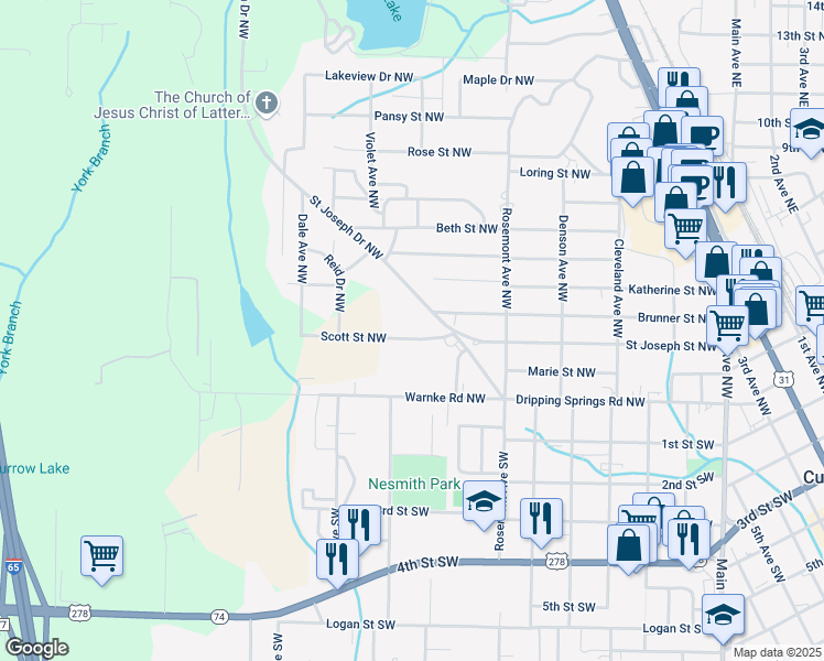 map of restaurants, bars, coffee shops, grocery stores, and more near 1543 Scott Street Northwest in Cullman