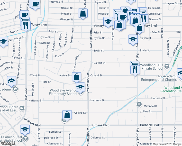 map of restaurants, bars, coffee shops, grocery stores, and more near 23153 Oxnard Street in Los Angeles