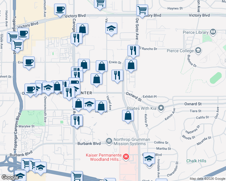 map of restaurants, bars, coffee shops, grocery stores, and more near 21051 Oxnard Street in Los Angeles