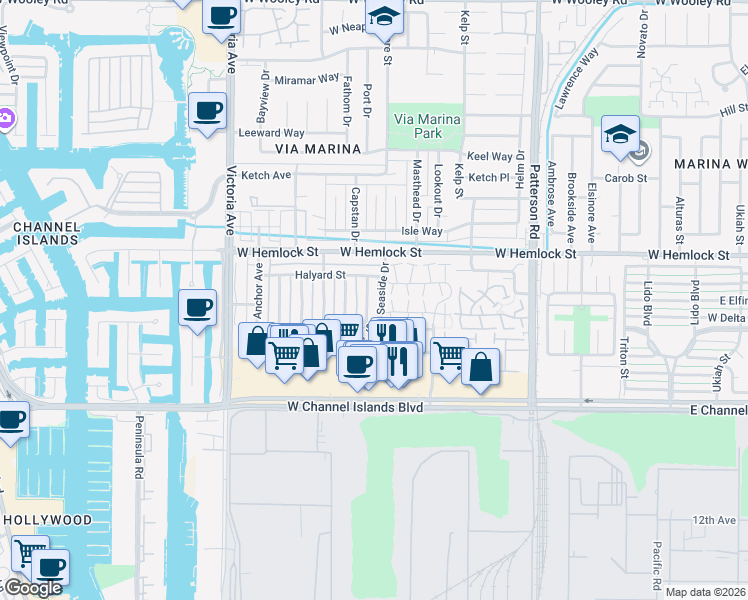 map of restaurants, bars, coffee shops, grocery stores, and more near 2573 Rudder Avenue in Port Hueneme