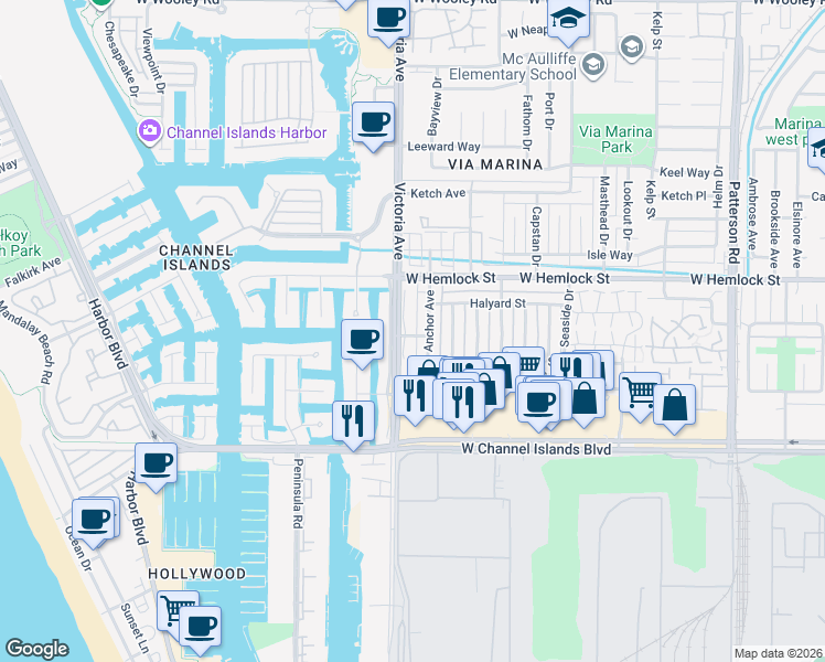 map of restaurants, bars, coffee shops, grocery stores, and more near 2600 Victoria Avenue in Port Hueneme