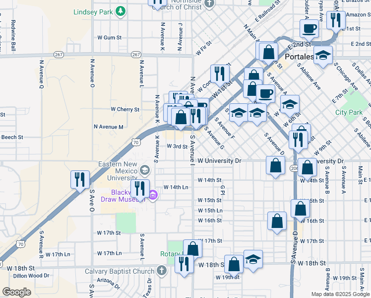 map of restaurants, bars, coffee shops, grocery stores, and more near 915 West 3rd Street in Portales