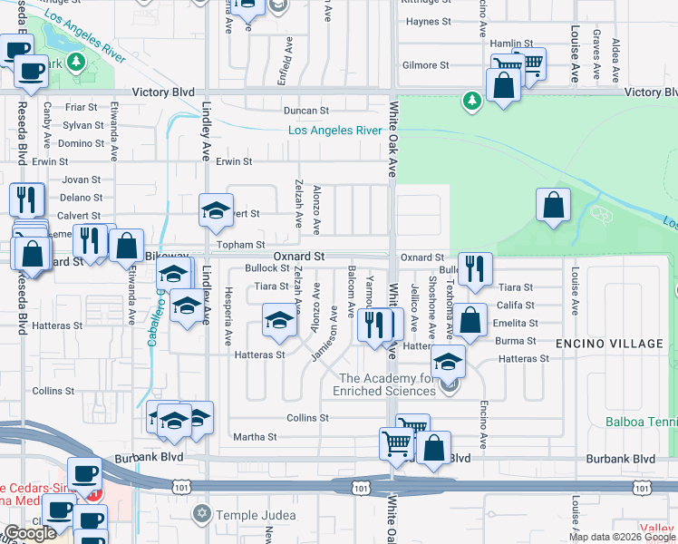 map of restaurants, bars, coffee shops, grocery stores, and more near 5950 Jamieson Avenue in Los Angeles