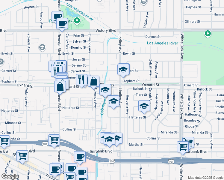 map of restaurants, bars, coffee shops, grocery stores, and more near 18146 Oxnard Street in Los Angeles
