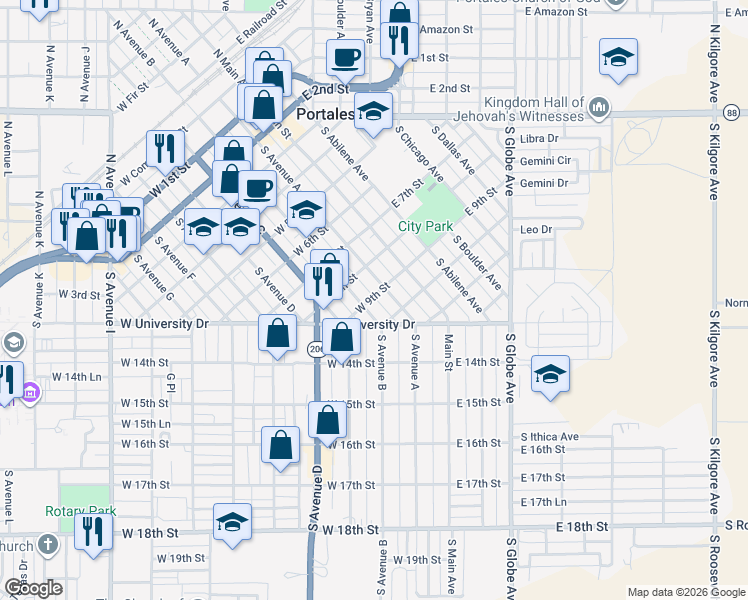 map of restaurants, bars, coffee shops, grocery stores, and more near 1004 South Avenue A in Portales