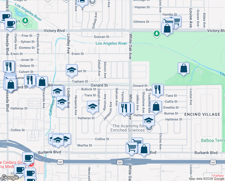 map of restaurants, bars, coffee shops, grocery stores, and more near 5972 Jamieson Avenue in Los Angeles