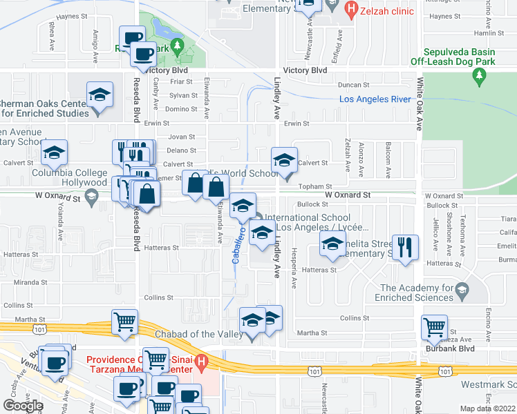map of restaurants, bars, coffee shops, grocery stores, and more near 5955 Lindley Avenue in Los Angeles