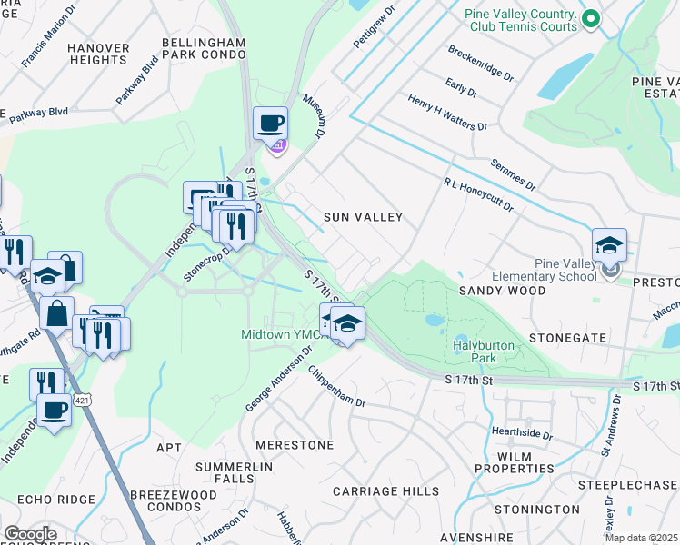 map of restaurants, bars, coffee shops, grocery stores, and more near 1504 Peace Lane in Wilmington