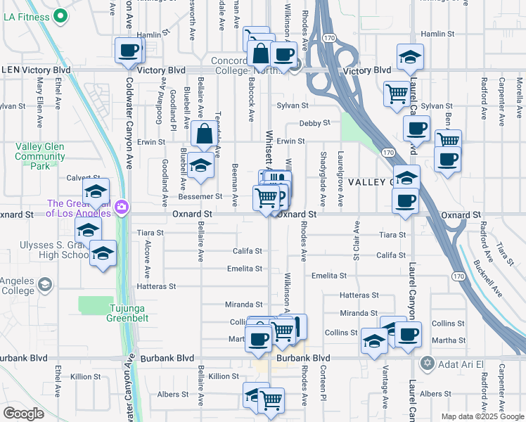 map of restaurants, bars, coffee shops, grocery stores, and more near 12505 Oxnard Street in Los Angeles