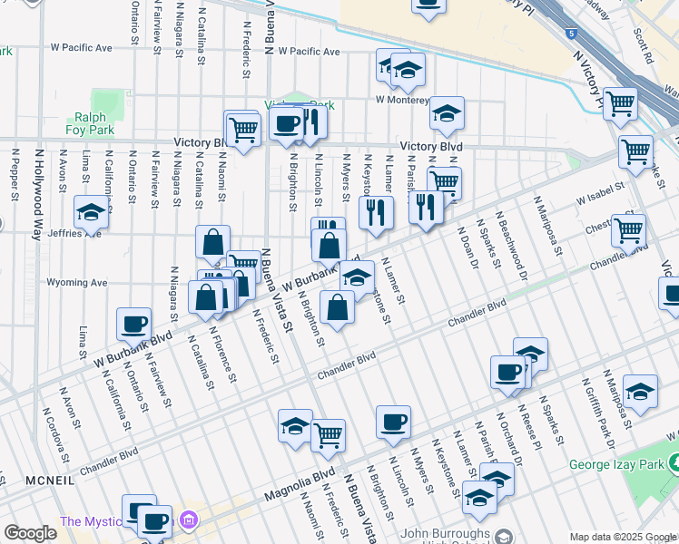 map of restaurants, bars, coffee shops, grocery stores, and more near 1031 North Myers Street in Burbank
