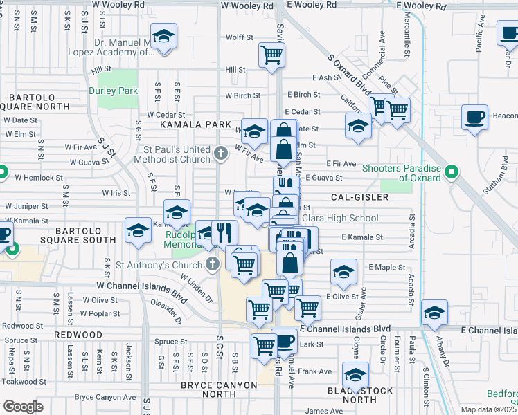 map of restaurants, bars, coffee shops, grocery stores, and more near 161 West Juniper Street in Oxnard