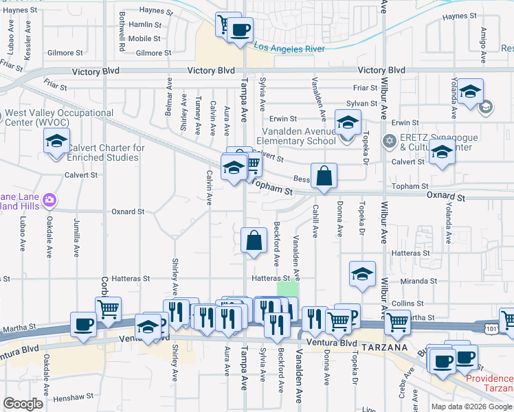 map of restaurants, bars, coffee shops, grocery stores, and more near 19246 Liam Lane in Los Angeles