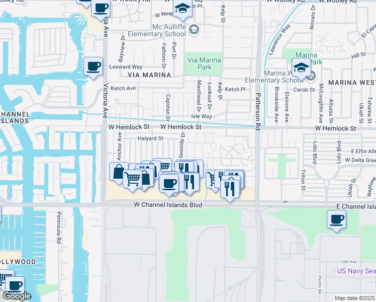 map of restaurants, bars, coffee shops, grocery stores, and more near 2598 Outlook Cove in Port Hueneme