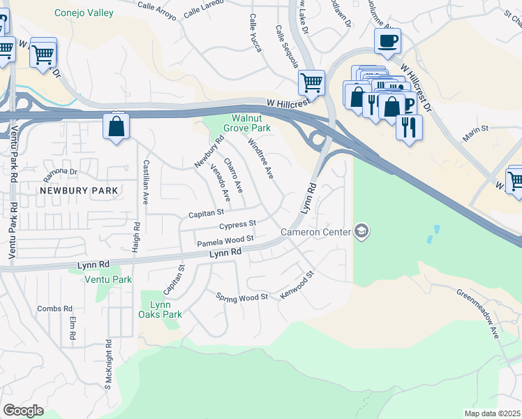 map of restaurants, bars, coffee shops, grocery stores, and more near 97 Greenmeadow Avenue in Thousand Oaks