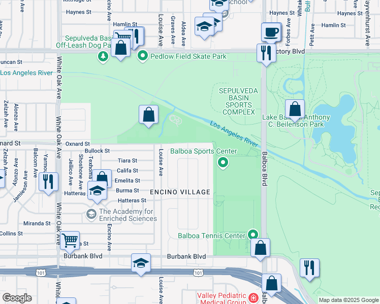map of restaurants, bars, coffee shops, grocery stores, and more near 17156 Bullock Street in Los Angeles
