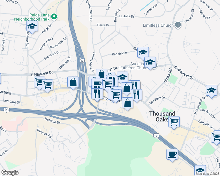 map of restaurants, bars, coffee shops, grocery stores, and more near 1265 Thousand Oaks Boulevard in Thousand Oaks