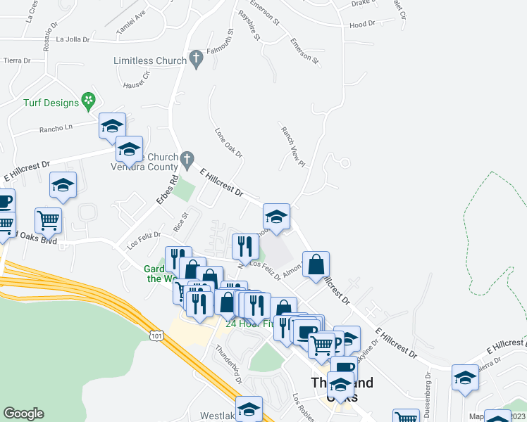 map of restaurants, bars, coffee shops, grocery stores, and more near 2250 East Hillcrest Drive in Thousand Oaks