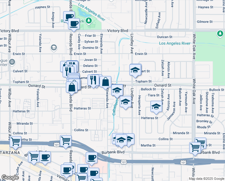 map of restaurants, bars, coffee shops, grocery stores, and more near 6020 Etiwanda Avenue in Los Angeles