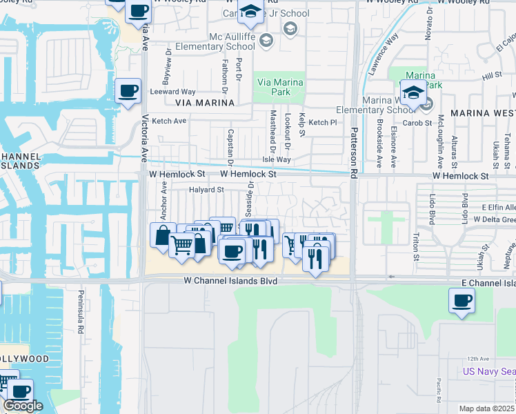 map of restaurants, bars, coffee shops, grocery stores, and more near 2598 Outlook Cove in Port Hueneme