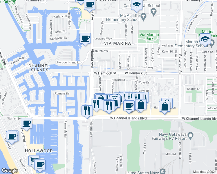 map of restaurants, bars, coffee shops, grocery stores, and more near 2602 Yardarm Avenue in Port Hueneme