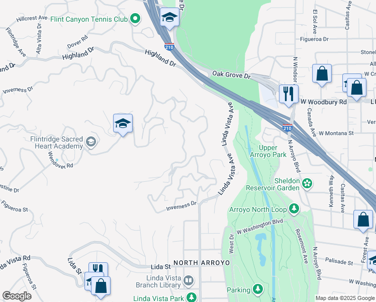 map of restaurants, bars, coffee shops, grocery stores, and more near 1500 Inverness Drive in Pasadena