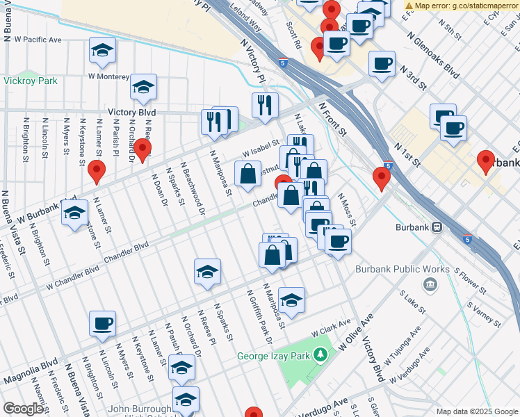 map of restaurants, bars, coffee shops, grocery stores, and more near 542 North Shelton Street in Burbank