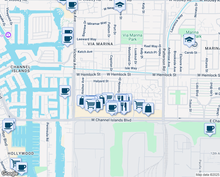 map of restaurants, bars, coffee shops, grocery stores, and more near 2604 Sextant Avenue in Port Hueneme