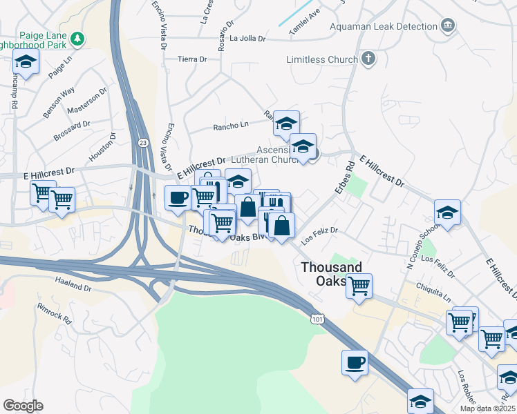 map of restaurants, bars, coffee shops, grocery stores, and more near 116 Maegan Place in Thousand Oaks