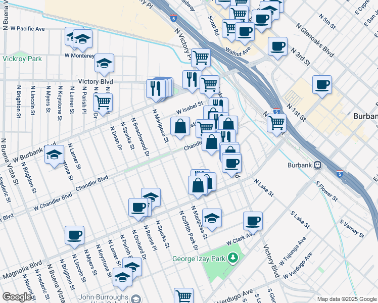 map of restaurants, bars, coffee shops, grocery stores, and more near 542 North Shelton Street in Burbank