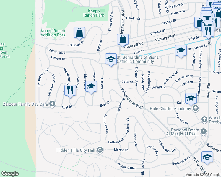map of restaurants, bars, coffee shops, grocery stores, and more near 24417 Clipstone Street in Los Angeles