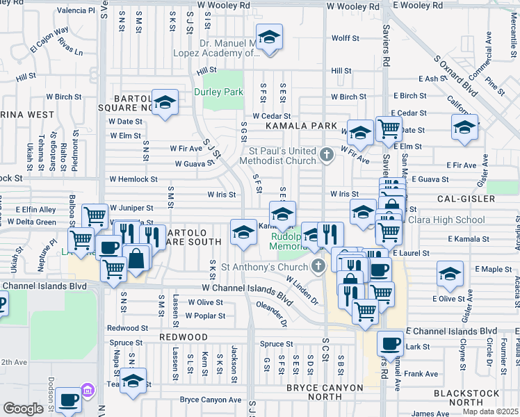map of restaurants, bars, coffee shops, grocery stores, and more near South F Street in Oxnard
