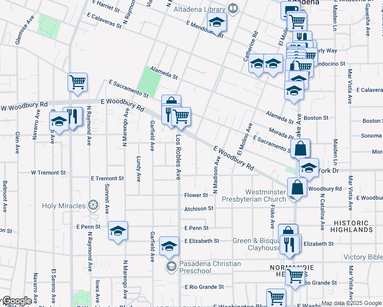 map of restaurants, bars, coffee shops, grocery stores, and more near 1930 Santa Rosa Avenue in Pasadena