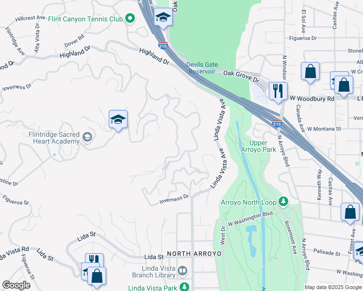 map of restaurants, bars, coffee shops, grocery stores, and more near 1500 Inverness Drive in Pasadena