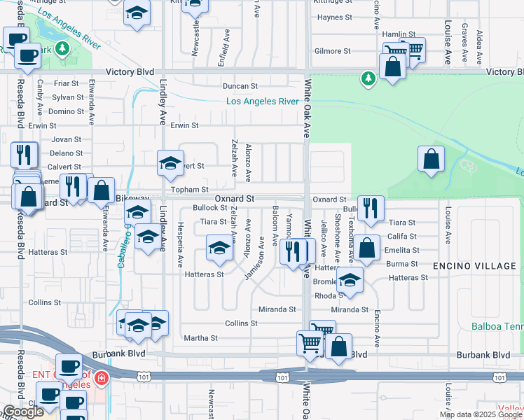 map of restaurants, bars, coffee shops, grocery stores, and more near 5950 Jamieson Avenue in Los Angeles
