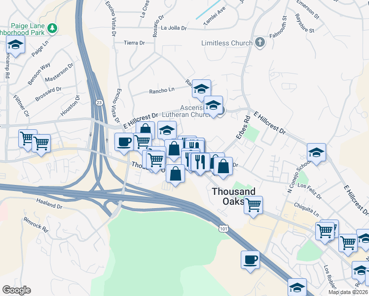 map of restaurants, bars, coffee shops, grocery stores, and more near 110 Maegan Place in Thousand Oaks