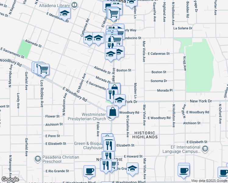 map of restaurants, bars, coffee shops, grocery stores, and more near 945 New York Drive in Altadena