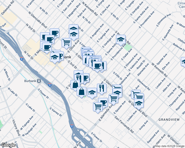 map of restaurants, bars, coffee shops, grocery stores, and more near 337 East Providencia Avenue in Burbank