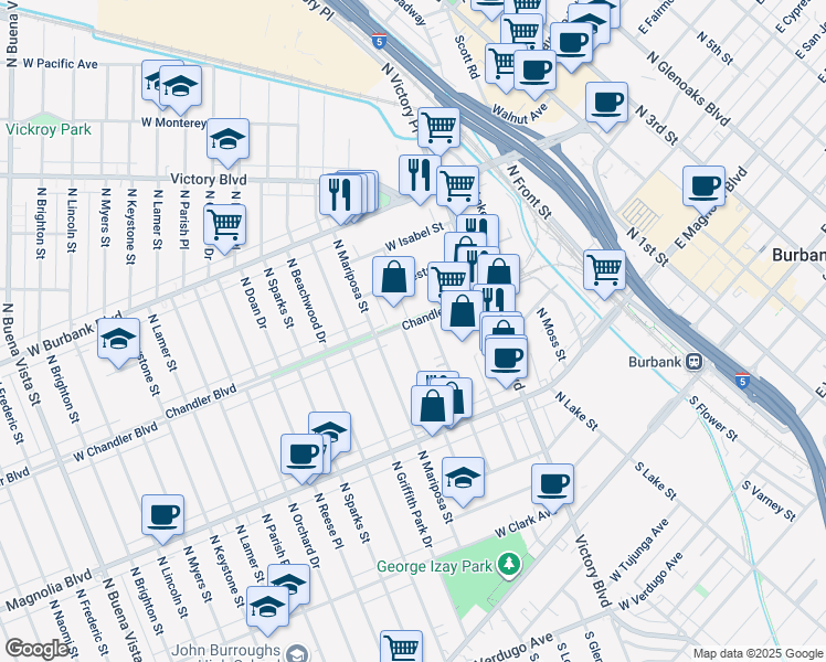 map of restaurants, bars, coffee shops, grocery stores, and more near 527 North Shelton Street in Burbank