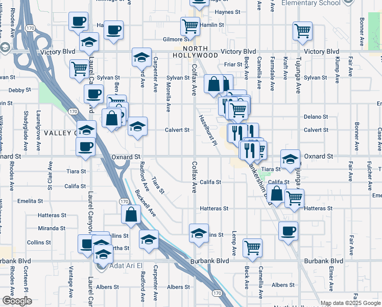 map of restaurants, bars, coffee shops, grocery stores, and more near 5948 Colfax Avenue in Los Angeles