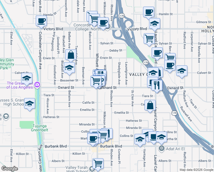 map of restaurants, bars, coffee shops, grocery stores, and more near 5960 Wilkinson Avenue in Los Angeles