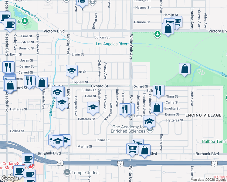 map of restaurants, bars, coffee shops, grocery stores, and more near 5950 Jamieson Avenue in Los Angeles