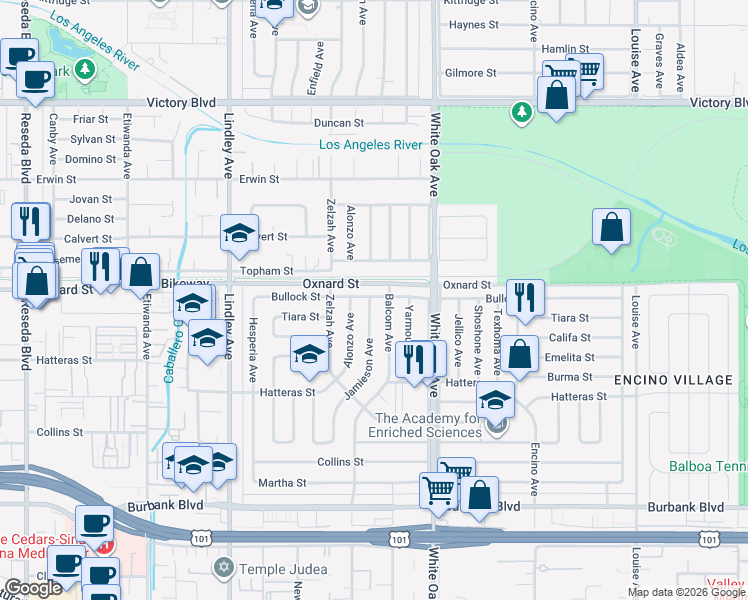 map of restaurants, bars, coffee shops, grocery stores, and more near 5950 Jamieson Avenue in Los Angeles