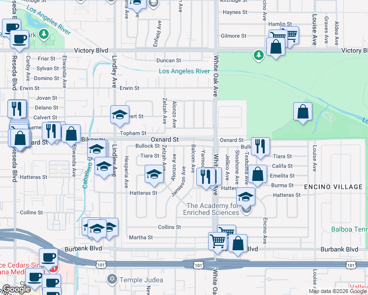 map of restaurants, bars, coffee shops, grocery stores, and more near 5950 Jamieson Avenue in Los Angeles