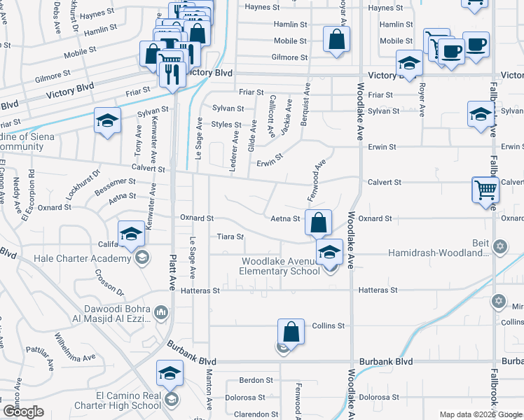 map of restaurants, bars, coffee shops, grocery stores, and more near 23440 Aetna Street in Los Angeles