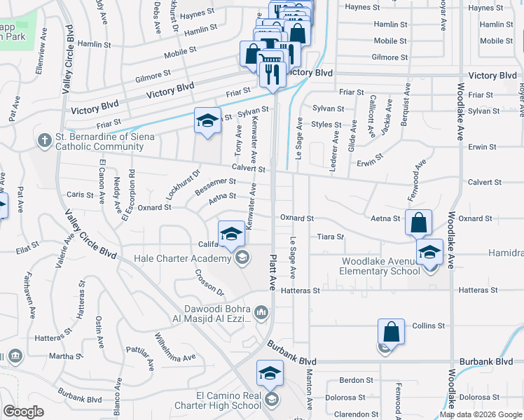 map of restaurants, bars, coffee shops, grocery stores, and more near 23720 West Oxnard Street in Los Angeles