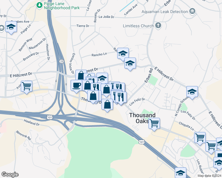 map of restaurants, bars, coffee shops, grocery stores, and more near 81 Maegan Place in Thousand Oaks