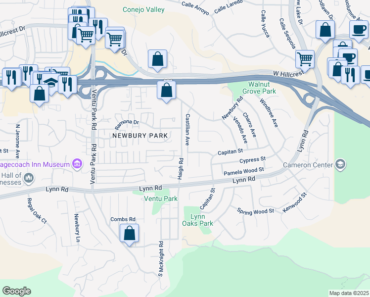 map of restaurants, bars, coffee shops, grocery stores, and more near 63 Castilian Court in Thousand Oaks