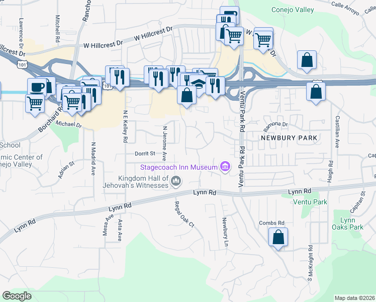map of restaurants, bars, coffee shops, grocery stores, and more near 100 Giant Oak Avenue in Thousand Oaks